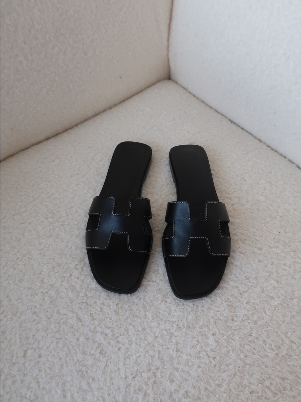 Hermes Black Leather Oran Slide Sandals